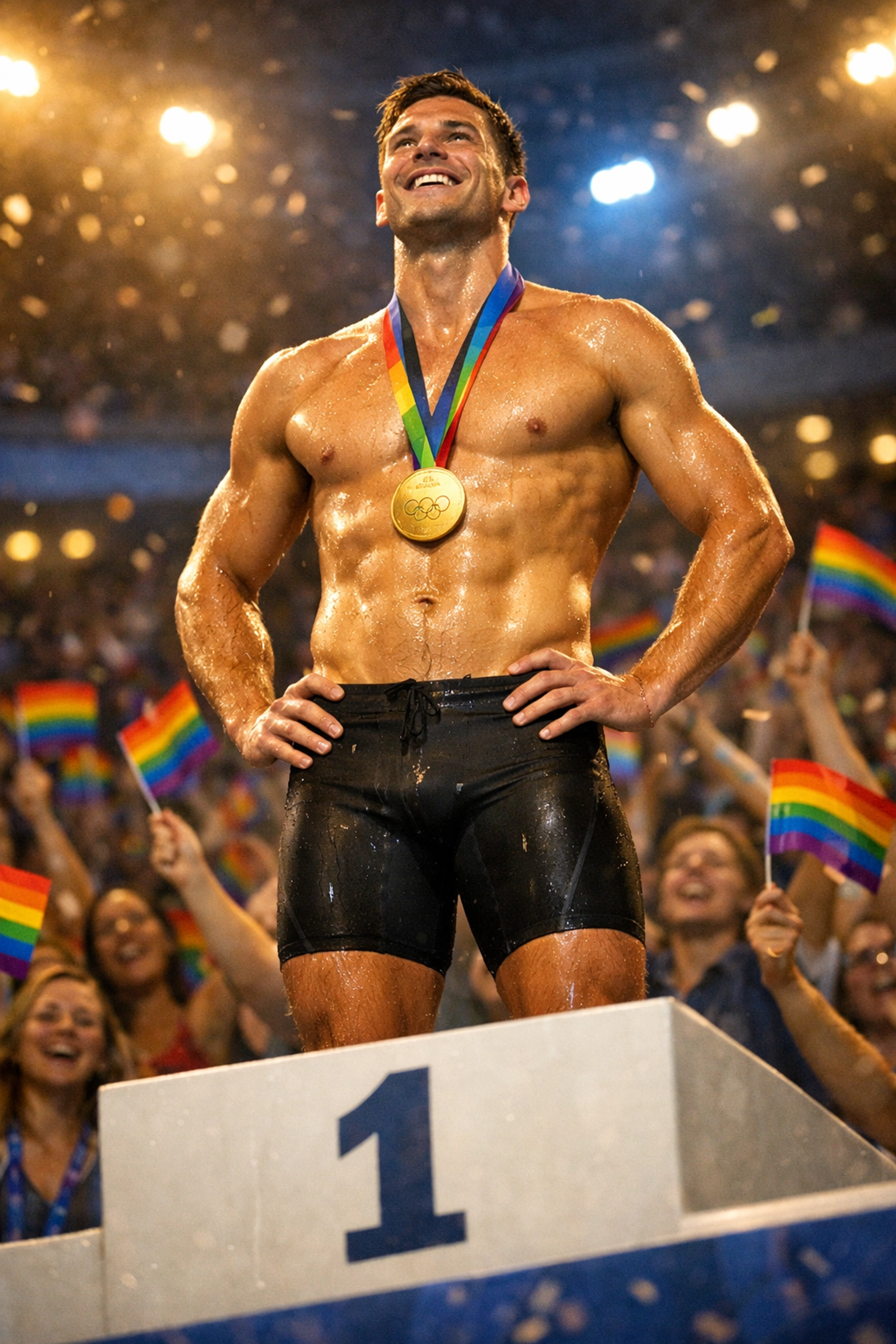 Out gay swimmer celebrates gold medal on podium with rainbow flags supporting LGBTQ+ visibility