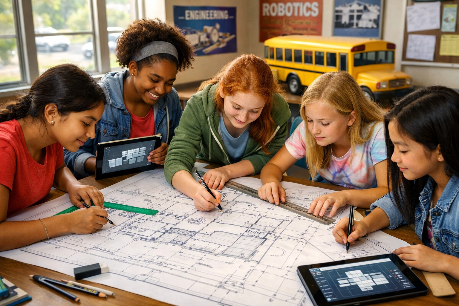 Diverse girls collaborating on Mobile STEM Classroom design blueprints and architecture plans