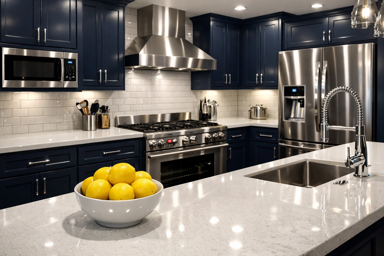 Sparkling modern kitchen with quartz countertops by the best house cleaning services in Duxbury MA.
