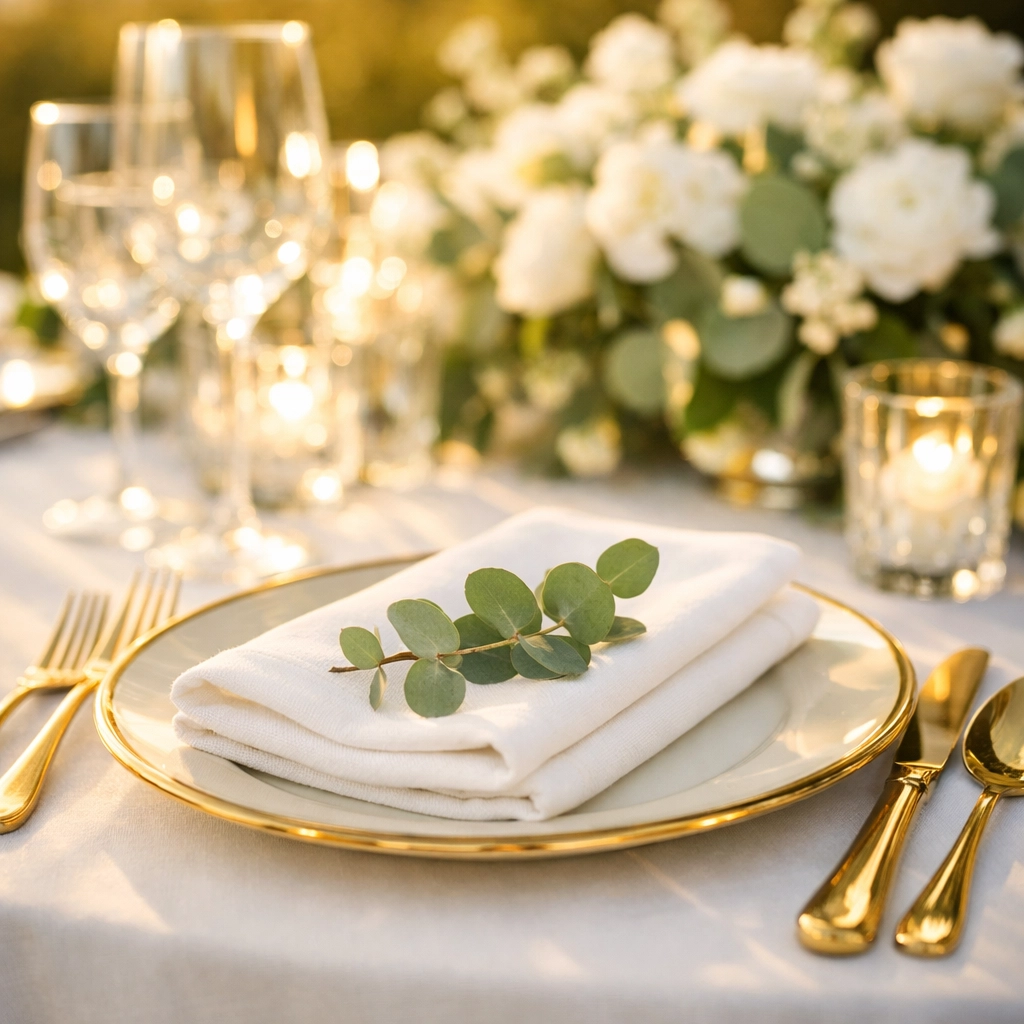Elegant wedding table setting representing accurate guest counts to reduce catering expenses.