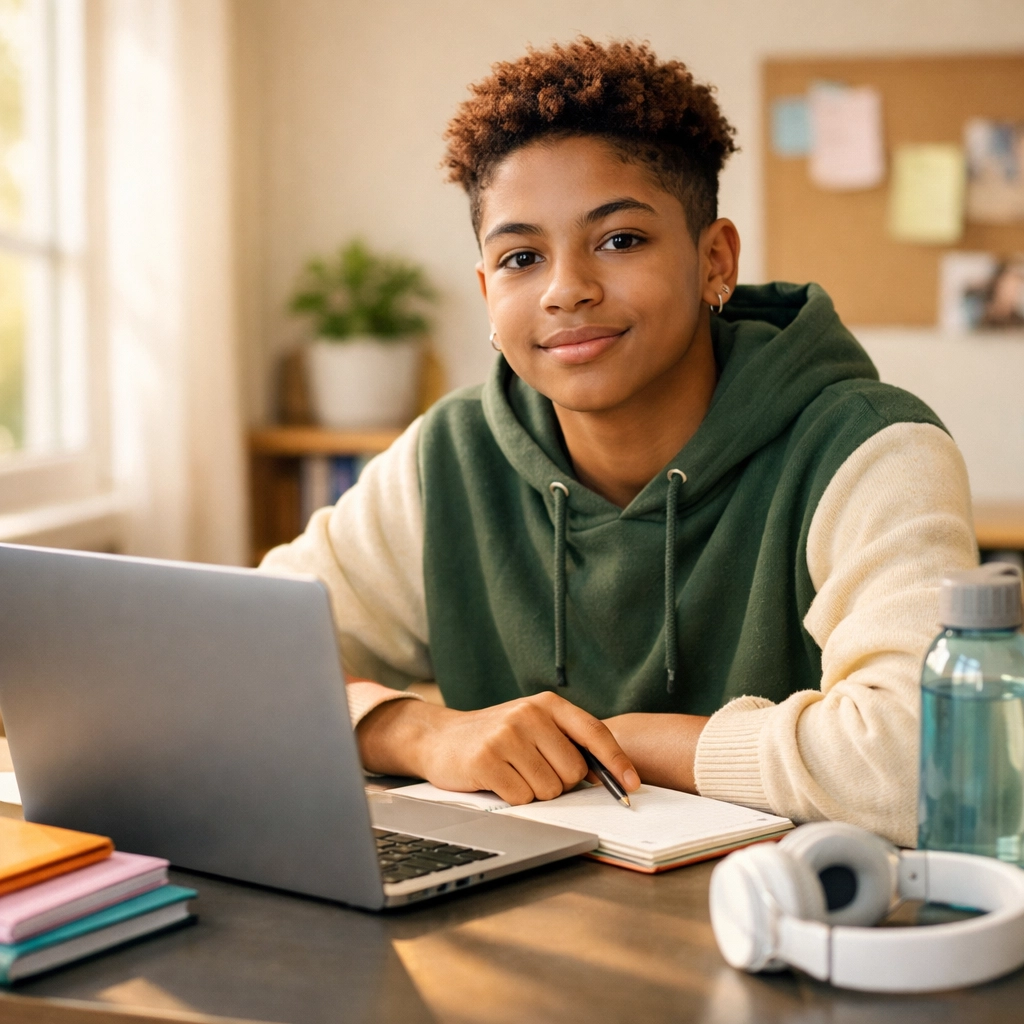 Ontario high school student studying online with laptop at organized home workspace