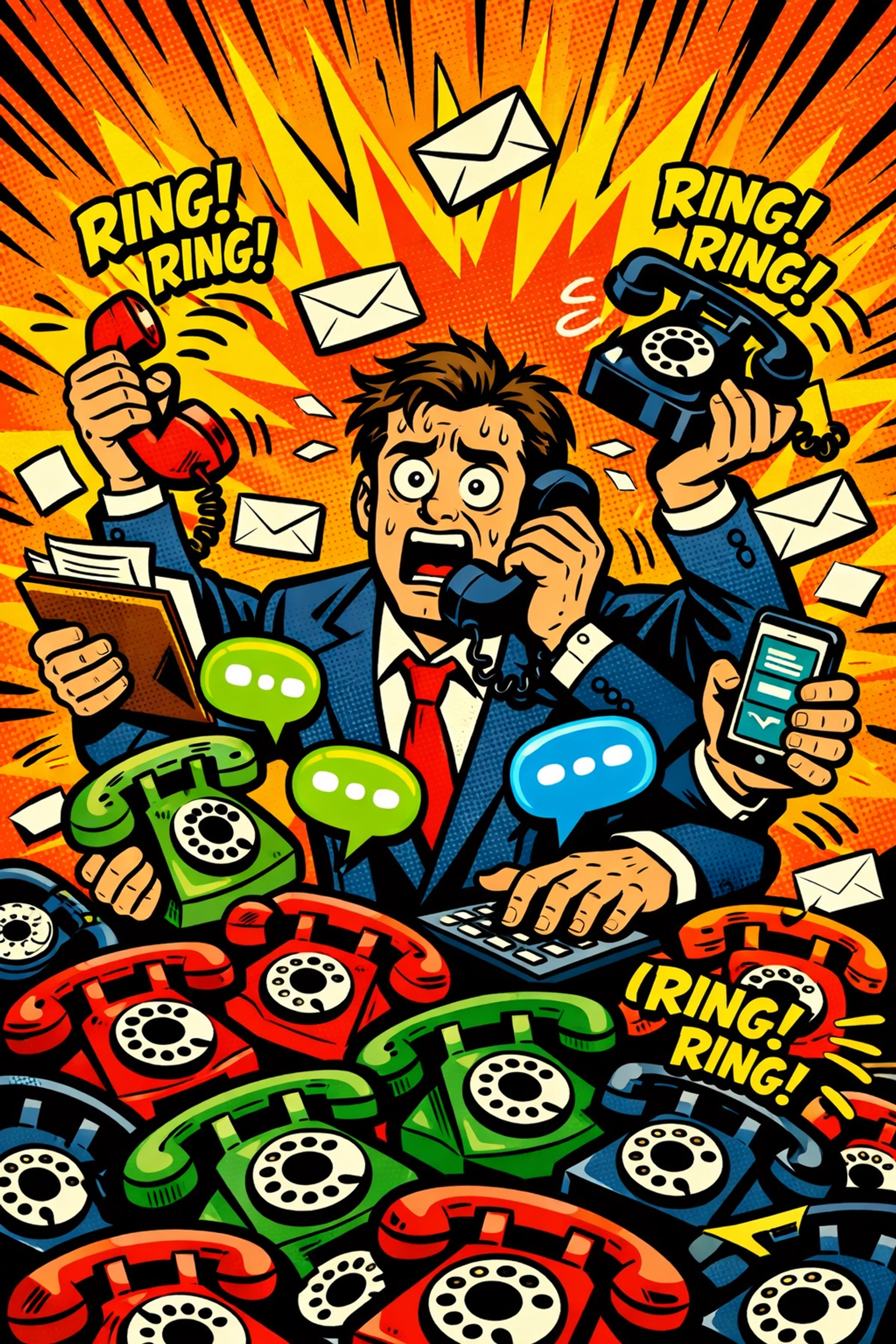 A stressed business owner juggling manual tasks before using an AI virtual assistant for business.