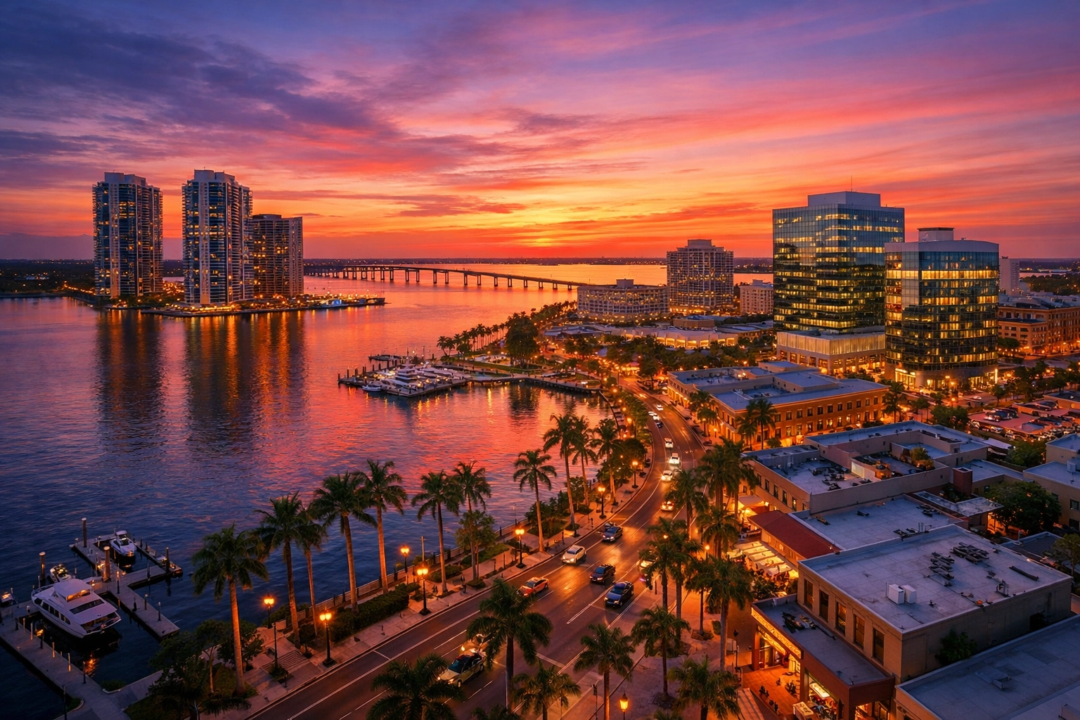 Aerial sunset view of Fort Myers waterfront and downtown, the focus area for a business broker in Fort Myers.