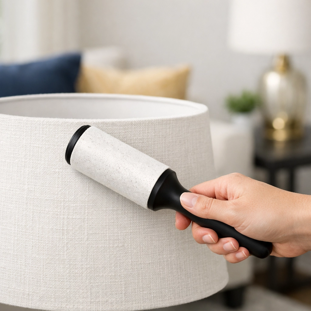 Hand using a lint roller to remove dust and pet hair from a white fabric lampshade.