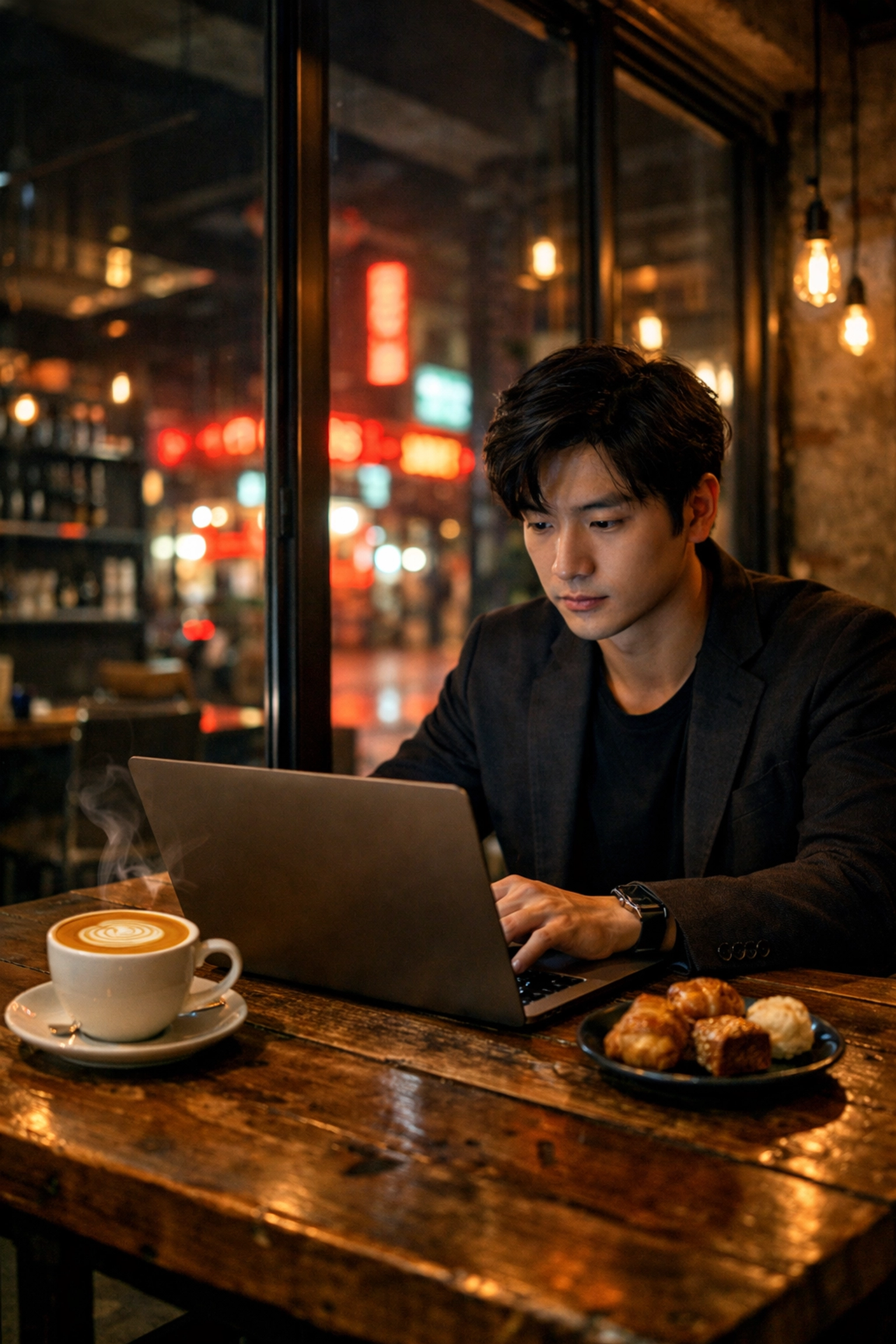 Remote worker in a Seoul cafe at night, managing global business tasks using current KST time.