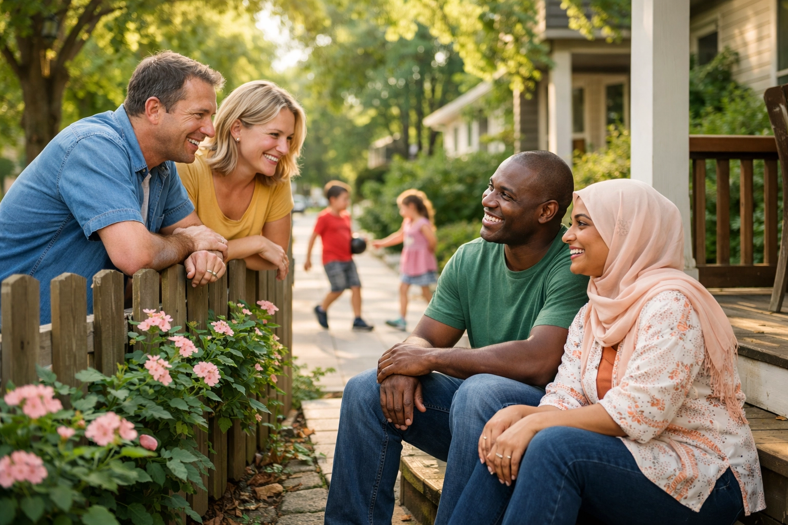 Friendly neighbors talking outside their homes in an Affinal Homes community in Texas.