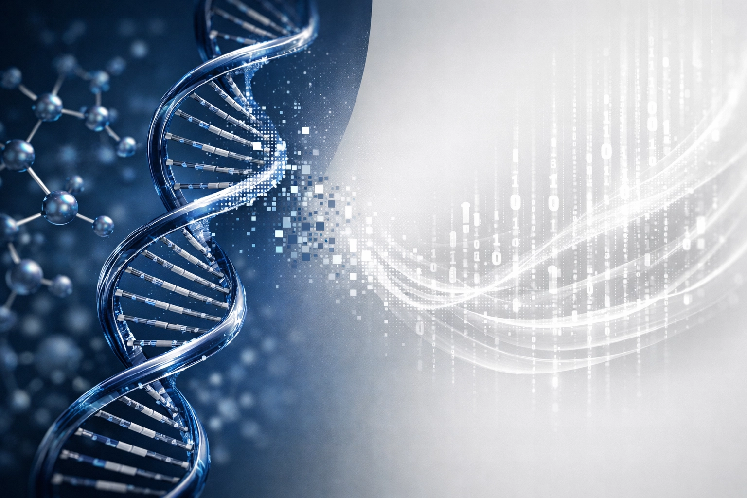 Medical innovation illustration showing mRNA vaccine technology and digital data