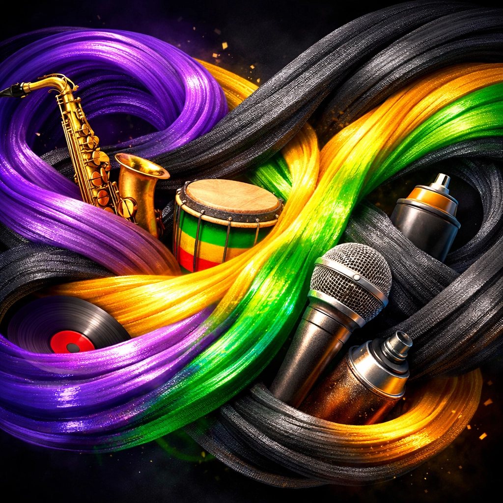 Vibrant swirling ribbons representing the fusion of reggae fusion and soulful R&B music.