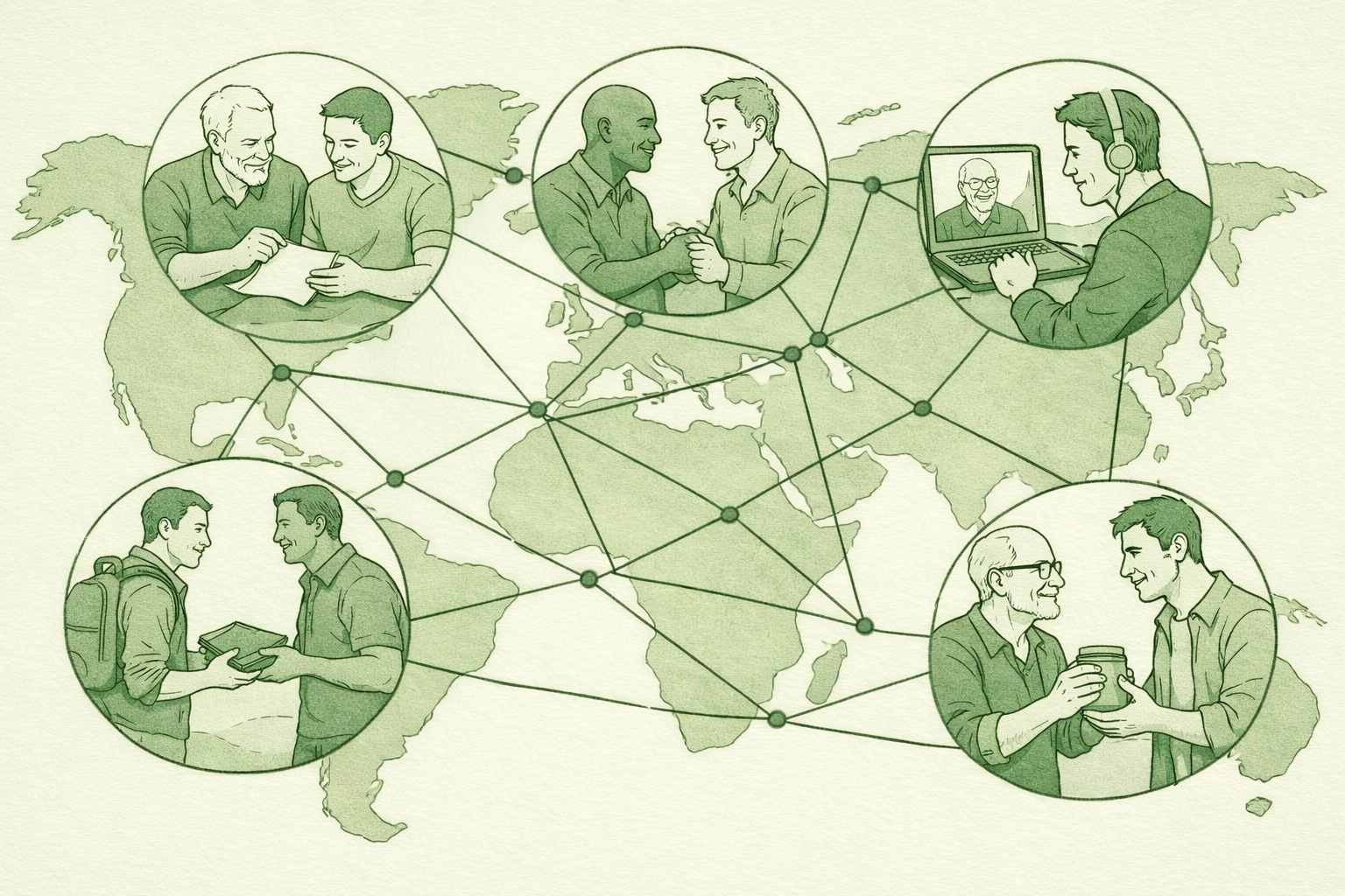 Global LGBTQ+ support network connecting gay men across continents through mentorship and chosen family