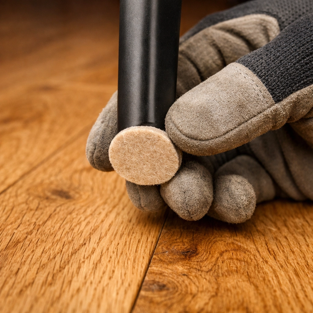 Applying felt pads to chair leg to protect hardwood floors from scratches