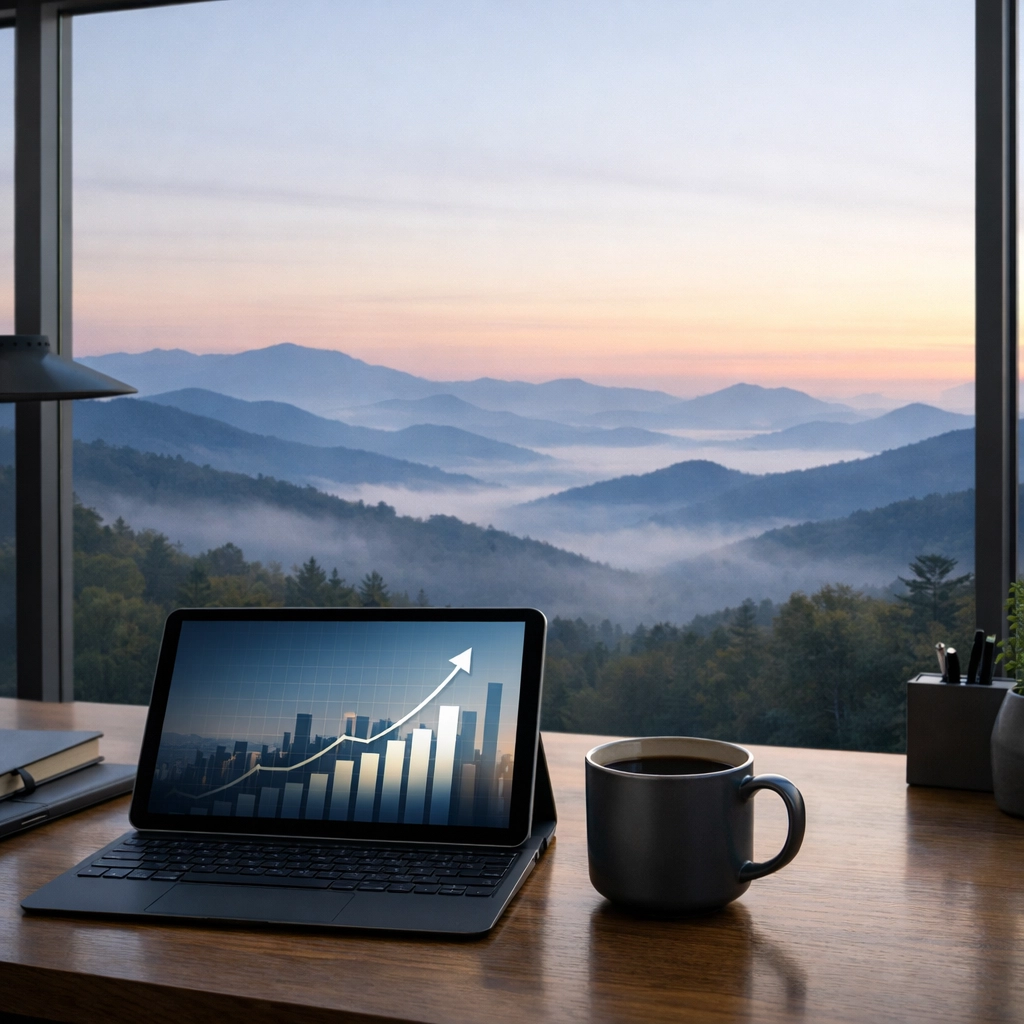 Contemporary office view representing a secure financial future after a confidential business sale.