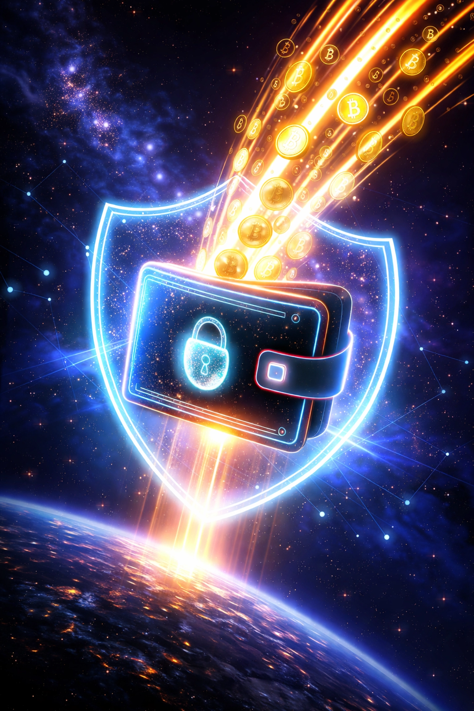 Glowing digital wallet in space receiving crypto coins, illustrating self-custody and NFT receipt security for blockchain payments.