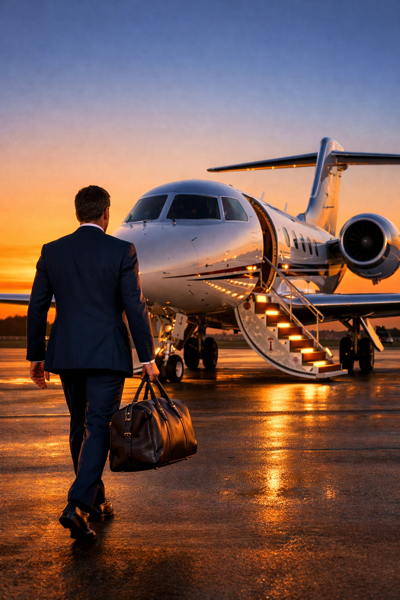 Executive boarding a private jet as part of a strategic corporate travel contingency plan.