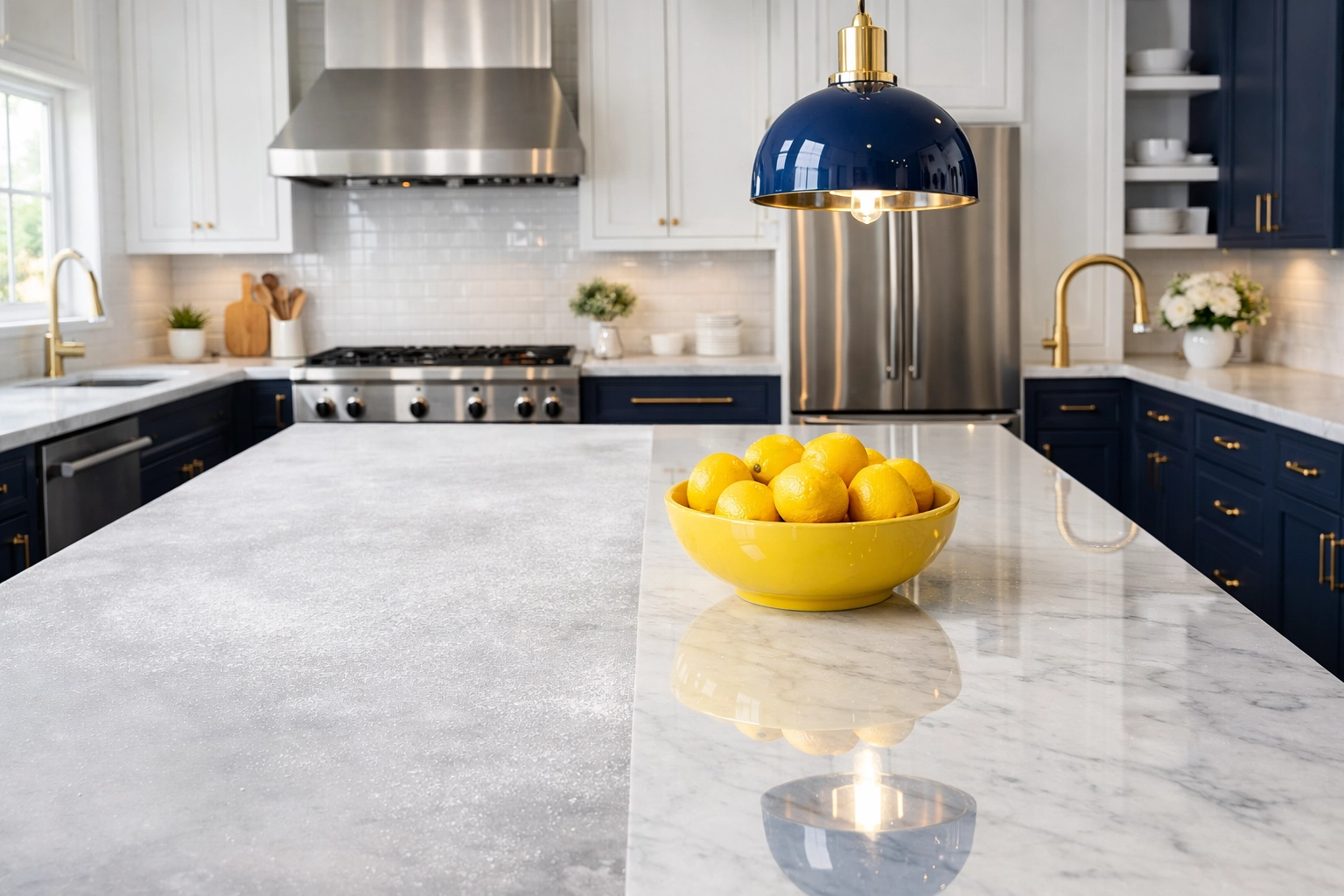 Professional post construction cleaning in Southborough showing a dust-free marble kitchen island.