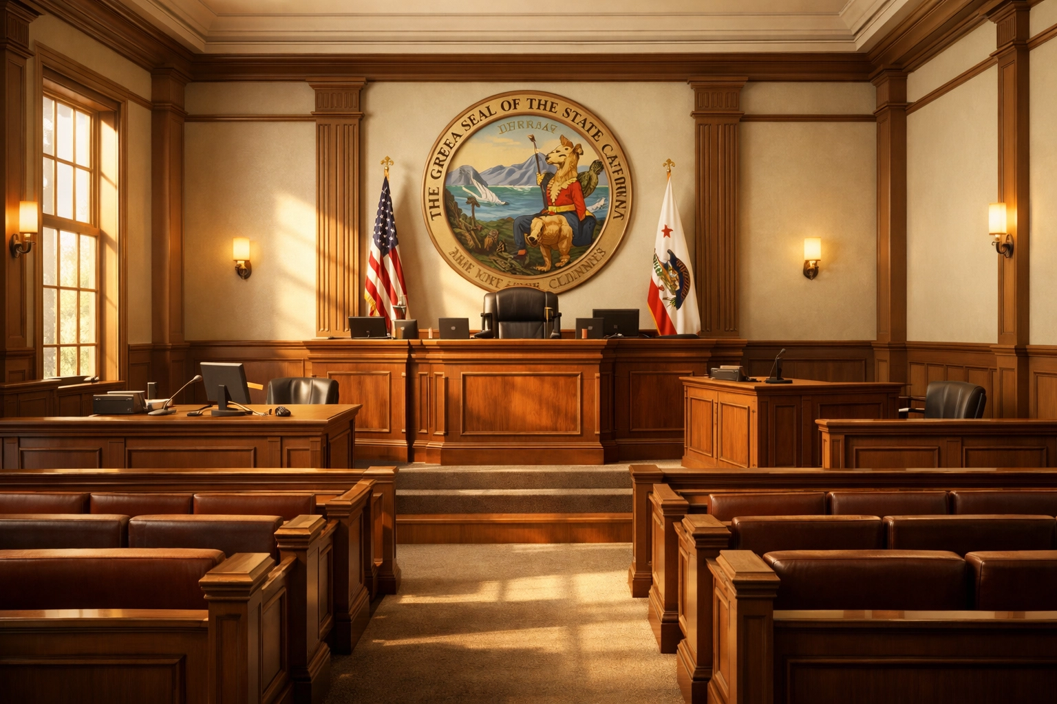 California courtroom interior representing accessible legal services
