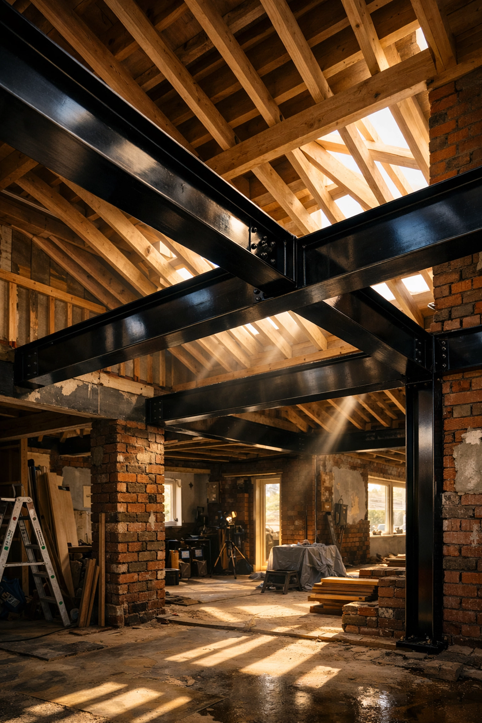 Structural steel beams and timber rafters during a professional bungalow roof lift construction.