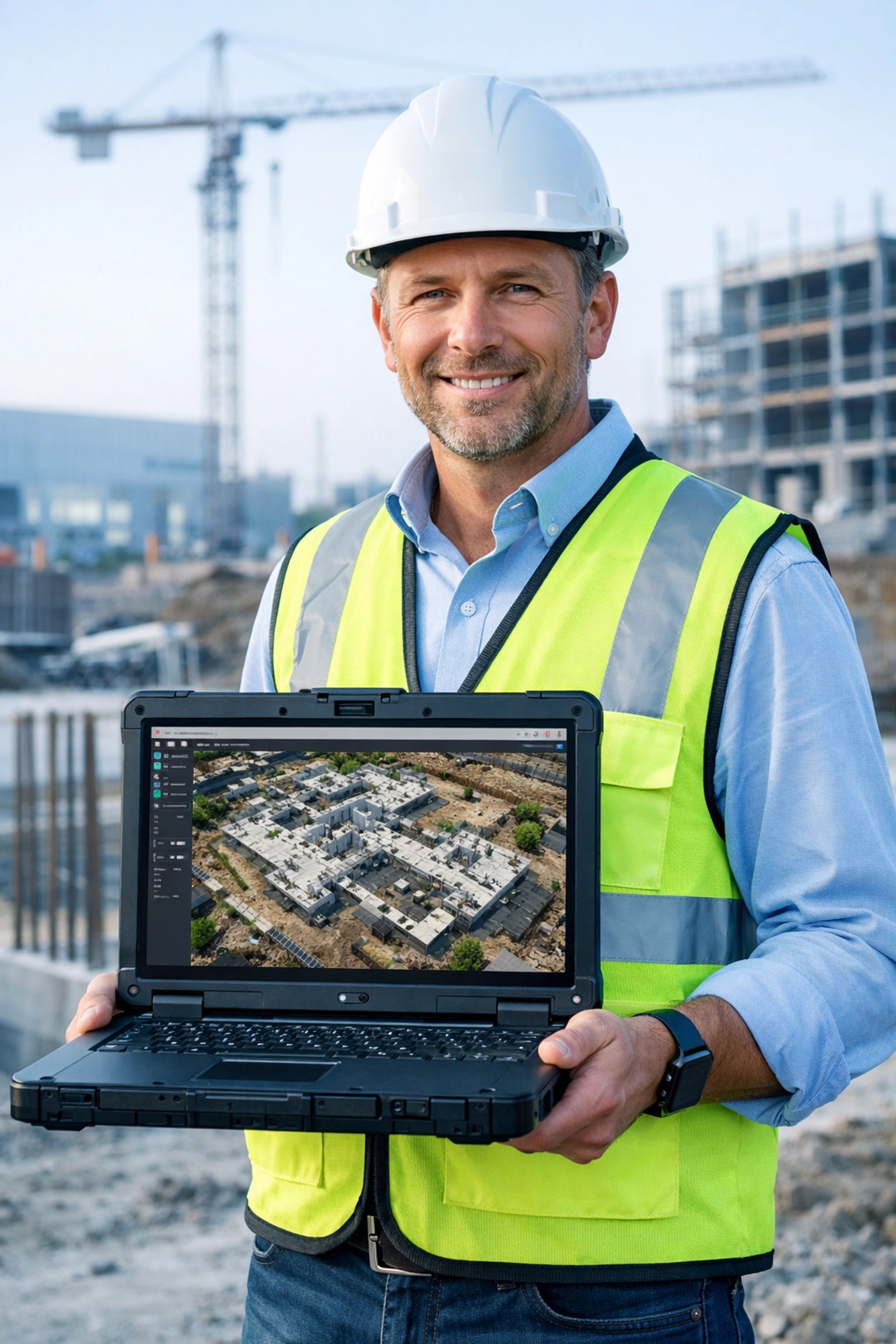Construction manager using an orthomosaic map on a laptop to prevent jobsite delays and rework.