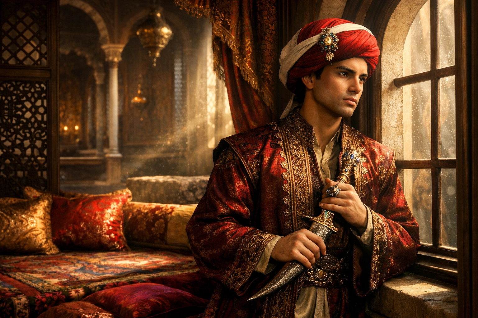 Ottoman palace page gazing from window holding jeweled dagger - longing and separation