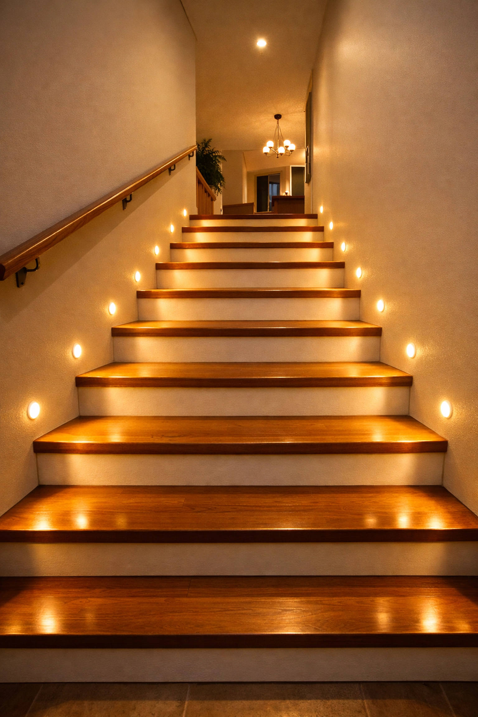 Warm LED recessed lighting illuminating each step of a wooden staircase for improved safety.