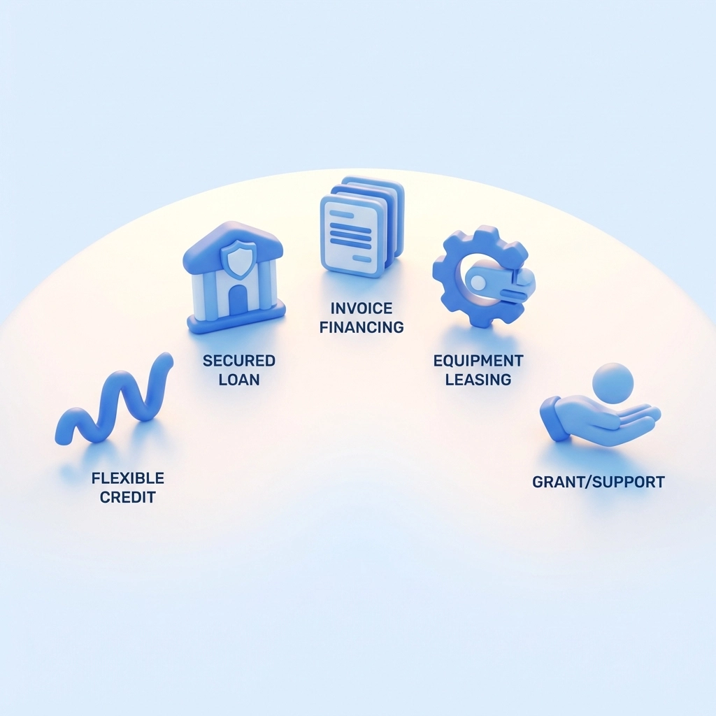 Illustration of five business funding options highlighting alternatives to merchant cash advances for growth.