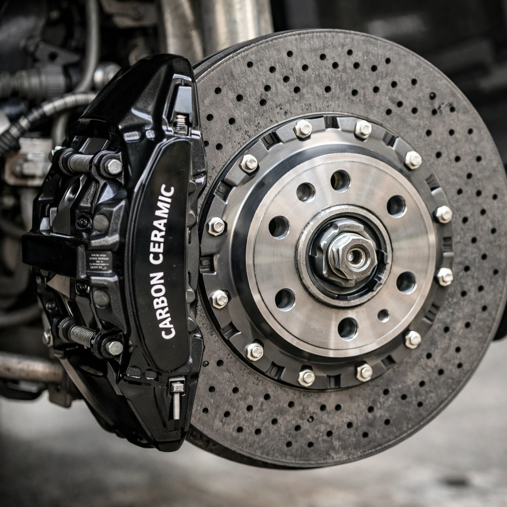 Detailed inspection of high-performance luxury car brakes by a skilled mechanic in Aventura FL.