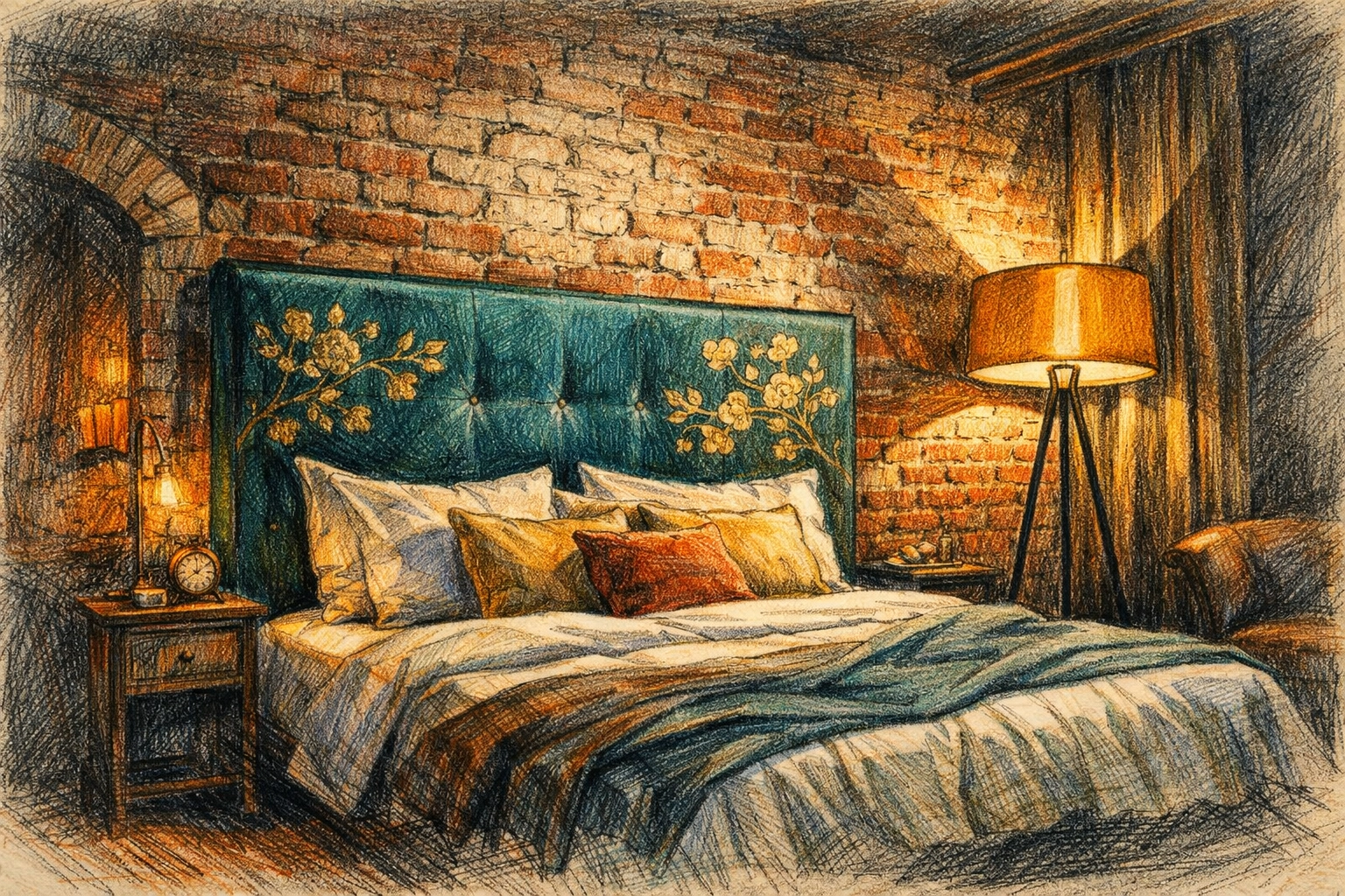 Boutique hotel interior design blending a rustic brick wall with luxury modern furnishings.