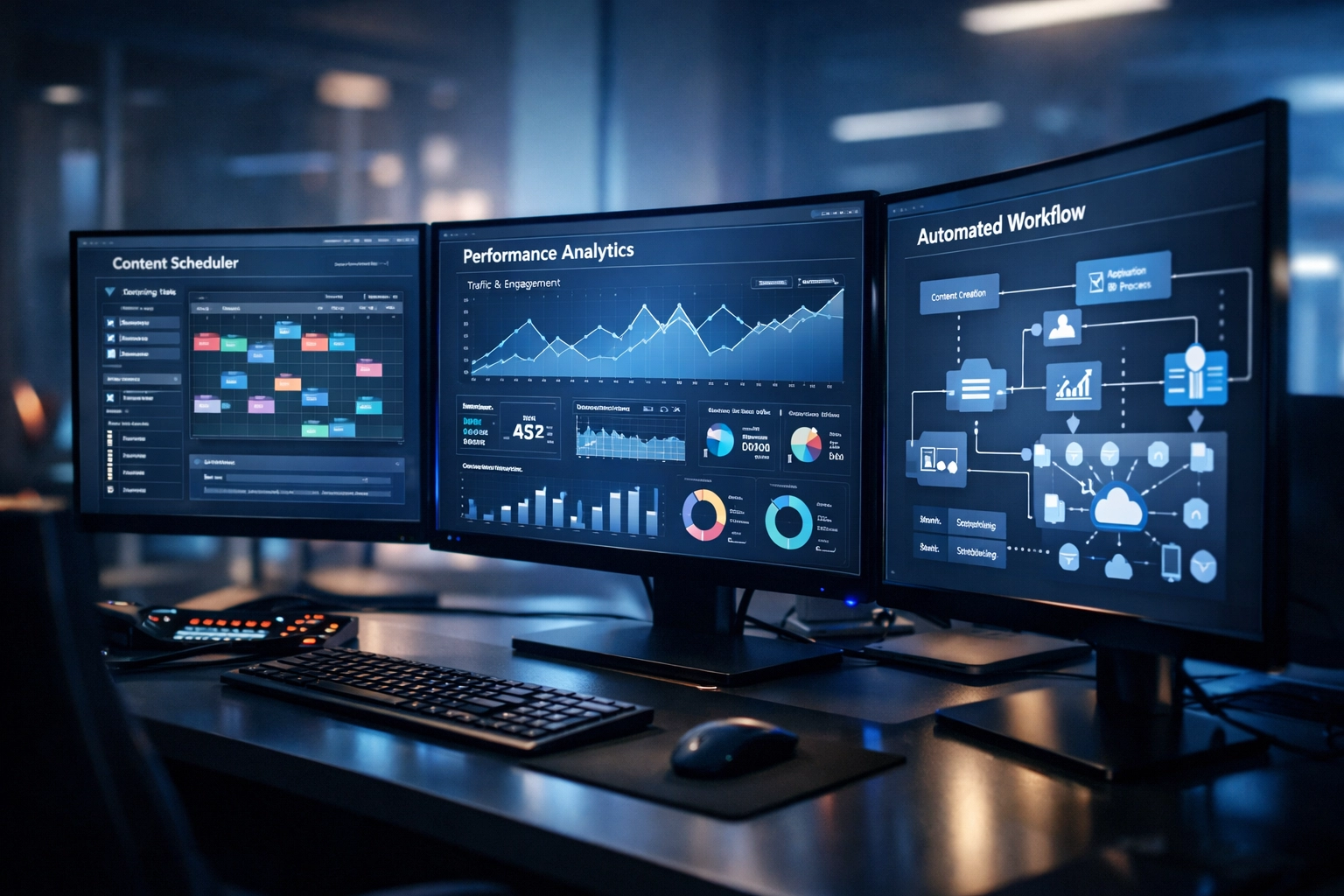 Automated content management system displays analytics dashboards for daily press release distribution