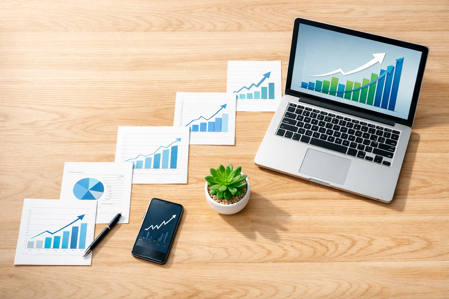 Small business financial growth shown through upward trending reports and analytics