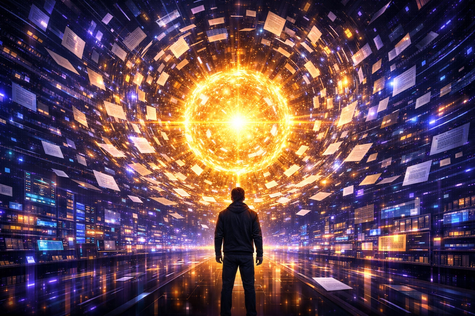 A person observing a digital sun of synthesized data representing generative engine search results.