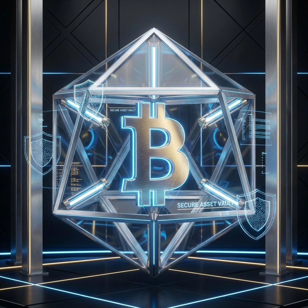 Bitcoin symbol secured in a vault, highlighting institutional crypto integration for portfolio diversification.