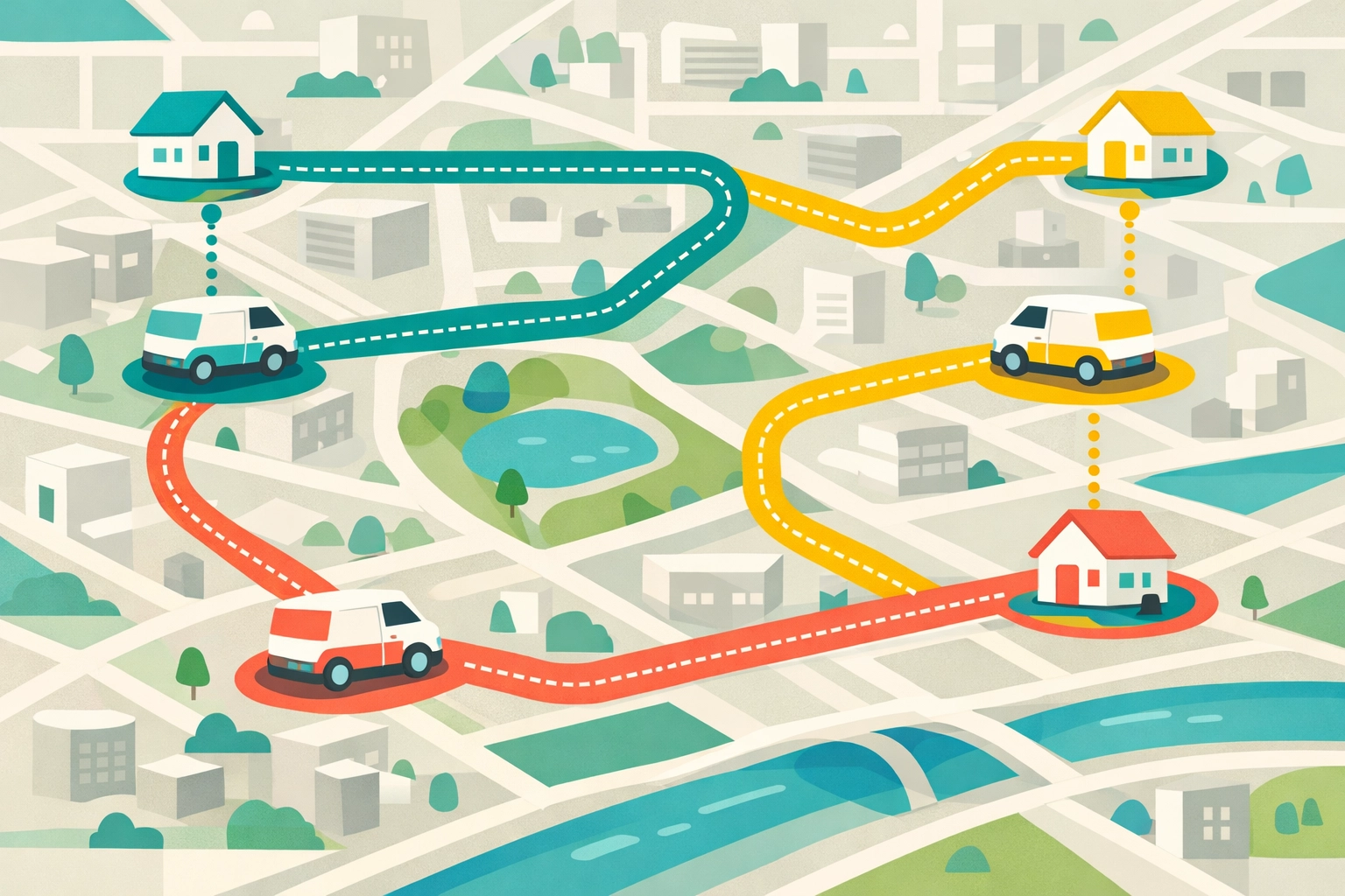 GPS route optimization map showing HVAC service vehicles and scheduled appointments across city