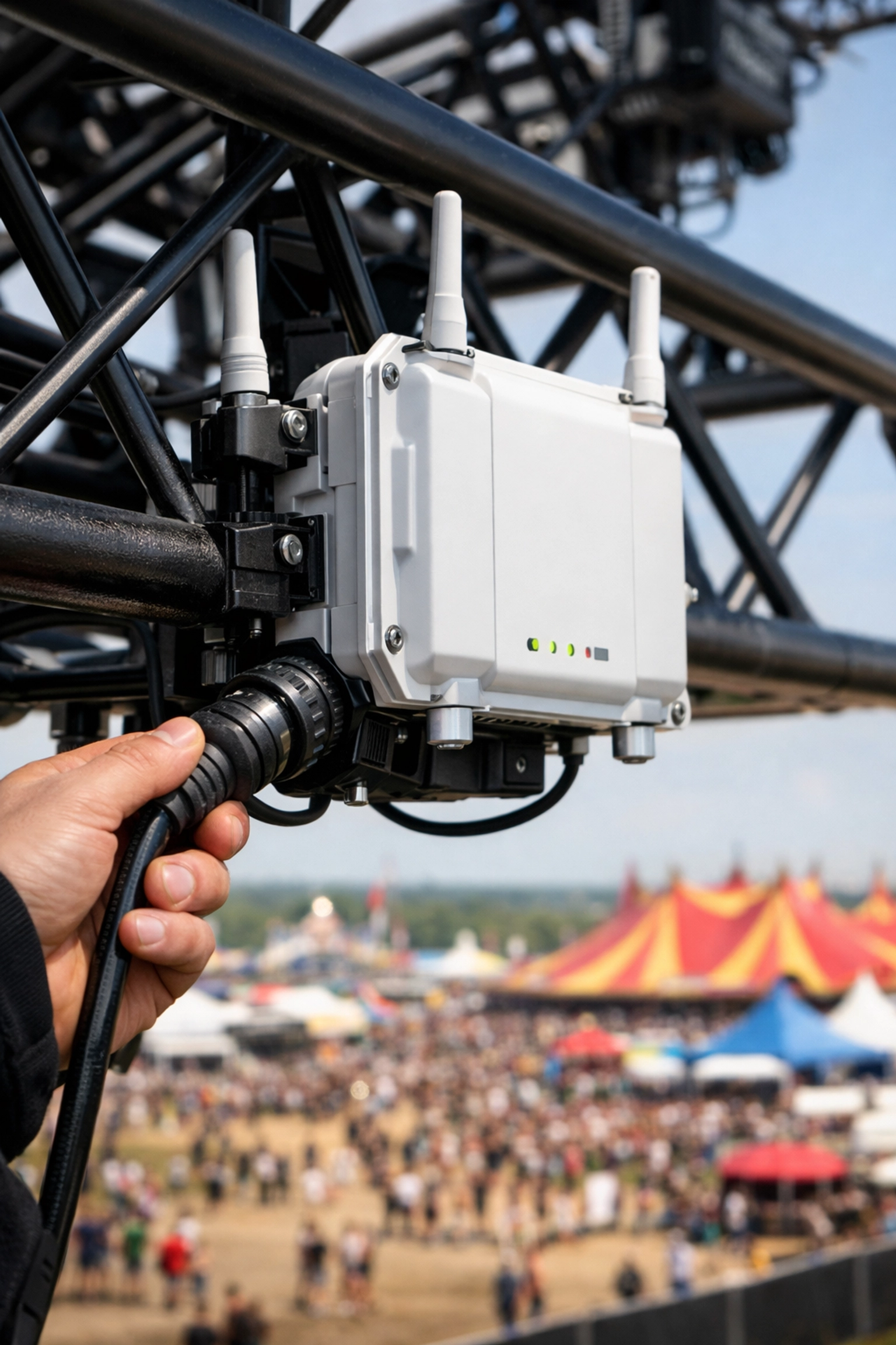 Professional installation of an outdoor event WiFi access point to prevent network downtime and signal failure.