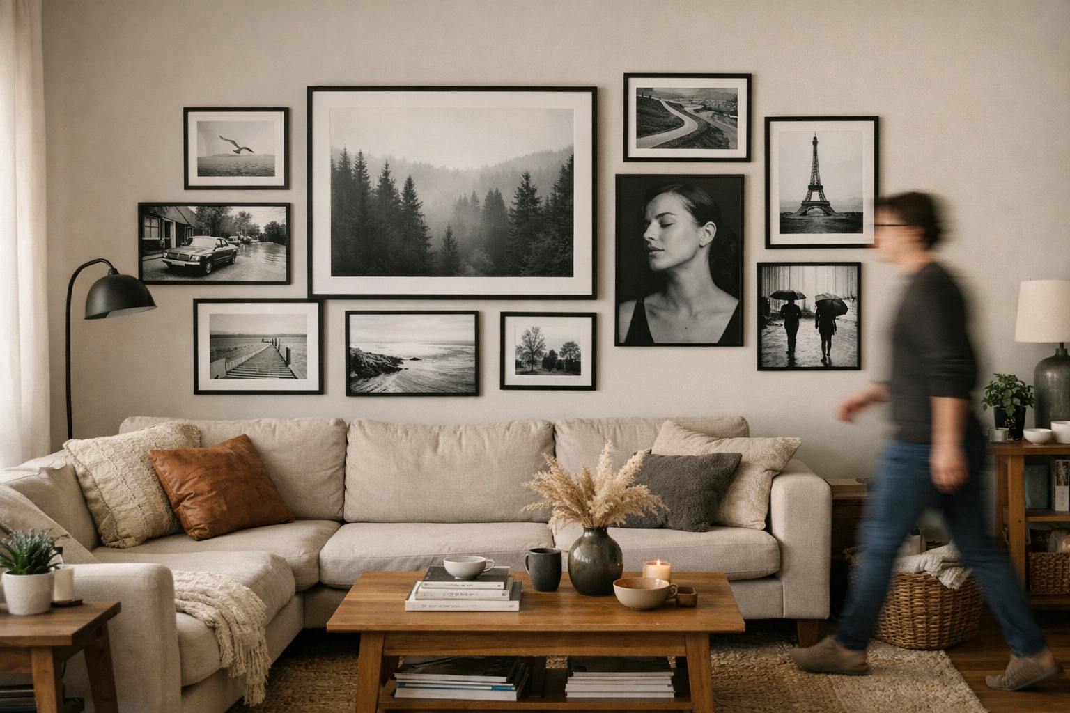 A curated art collection of black and white photography prints displayed in a modern living room.