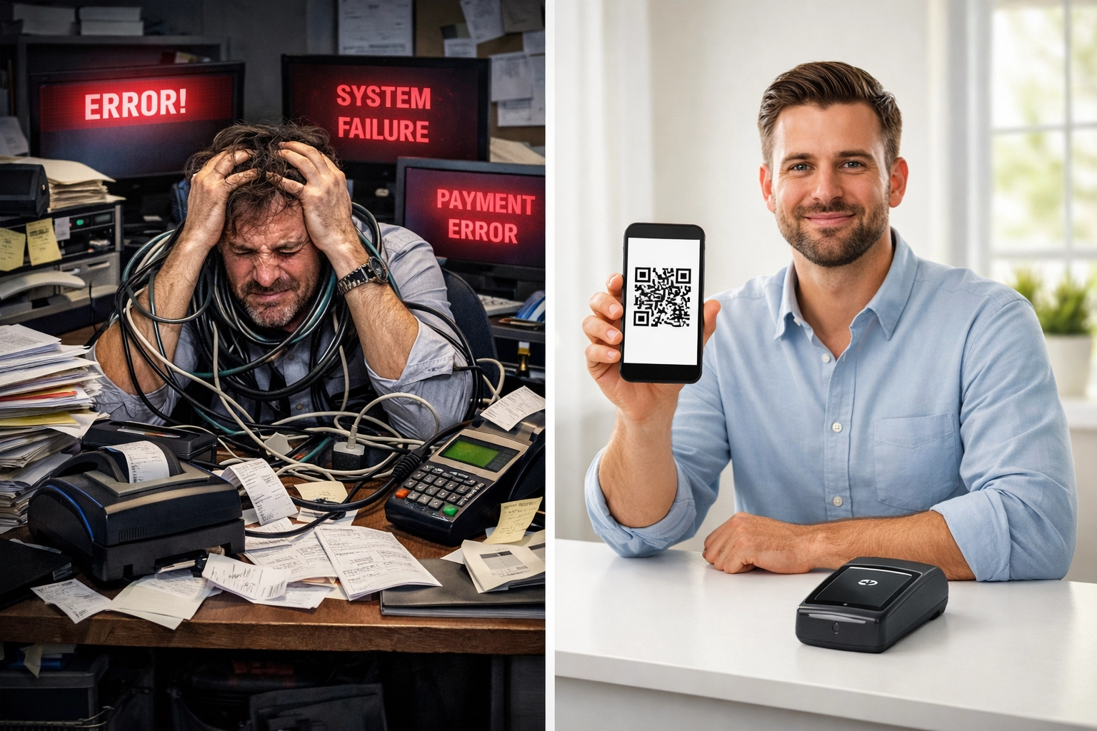 Complex crypto payment setup with hardware and paperwork contrasted with Larecoin's simple QR code system