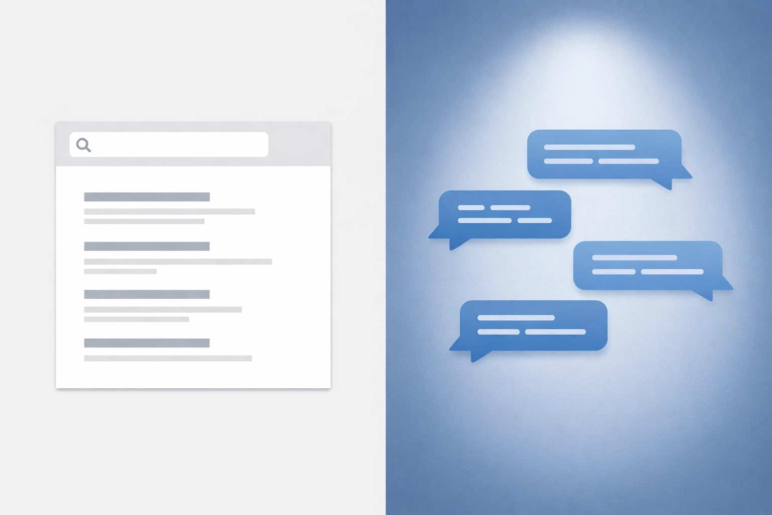 Traditional search results versus AI-powered search interface comparison