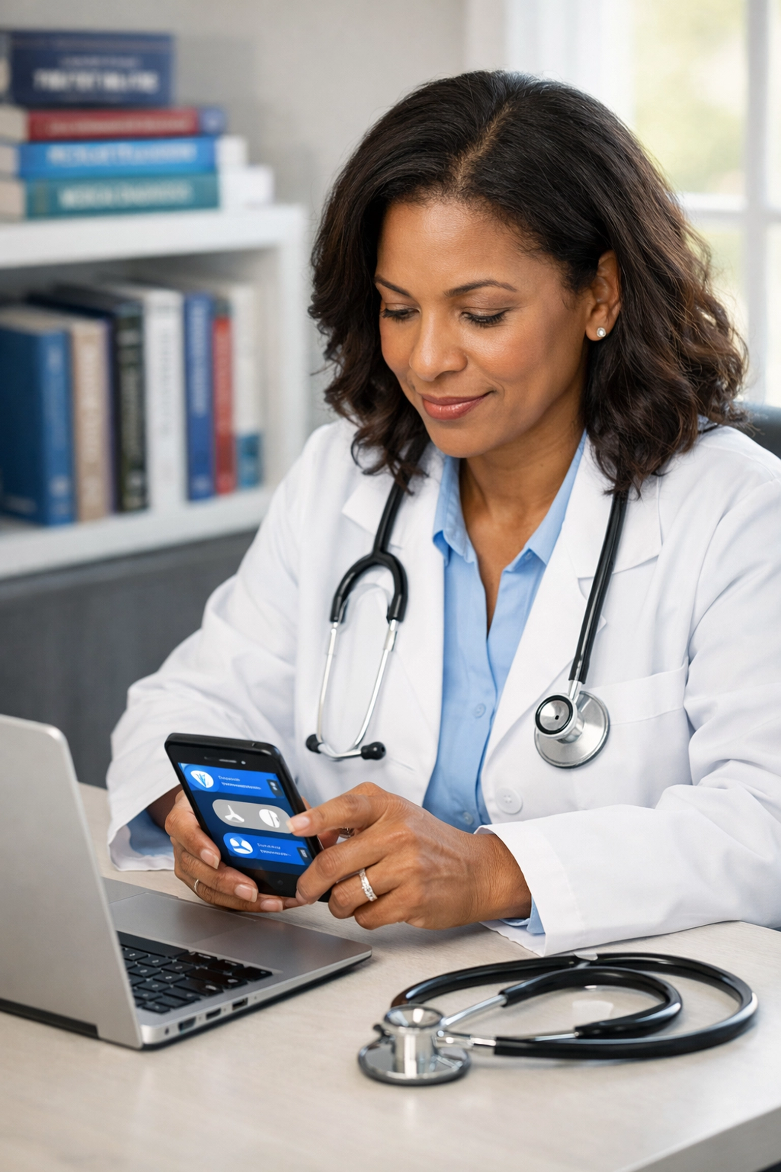 Licensed physician providing secure text-based telehealth consultation via smartphone