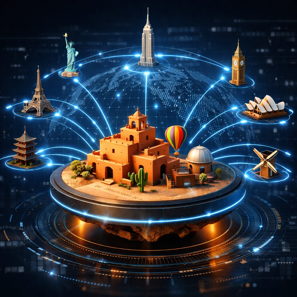 Global time map showing Albuquerque connections to international cities and time zones.