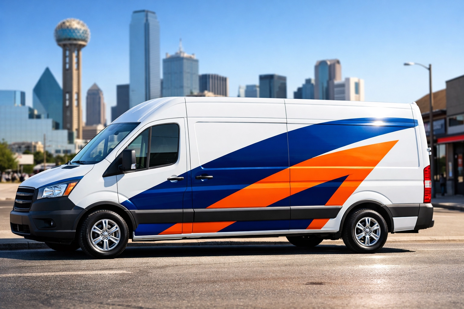White cargo van with professional partial vehicle wrap and decals in a Dallas business district.
