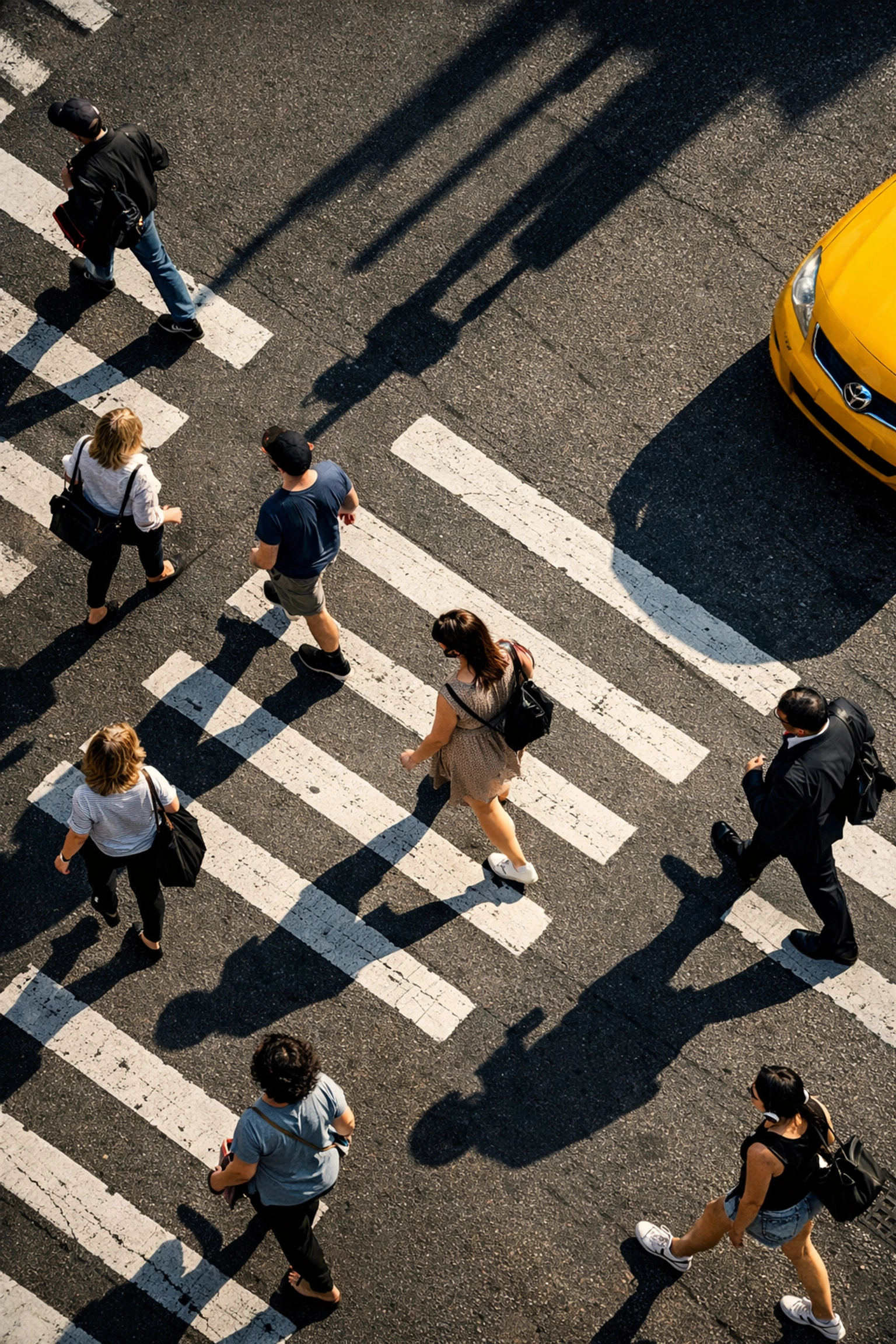 Top-down street photography ideas showing long geometric shadows and pedestrians in a crosswalk.