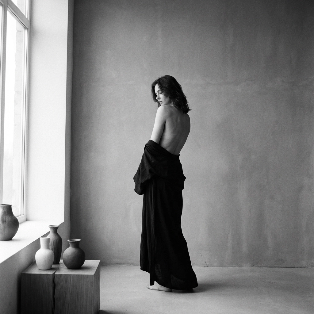 Artistic nude photography showing a model in a standing contrapposto pose to create an S-curve silhouette.