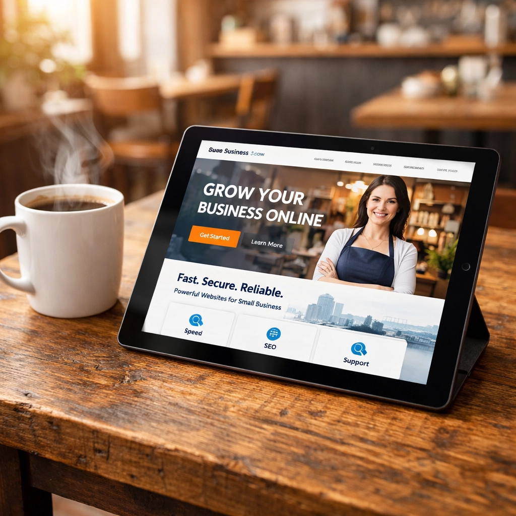 Why High-Performance Web Hosting Will Change The Way Your Uk Small Business Ranks 4 Tablet displaying a responsive business website in a tavistock cafe, showing fast web hosting for uk small businesses.