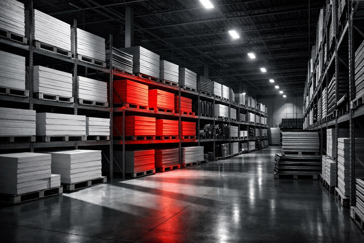Organized warehouse of commercial roofing materials and foam insulation panels
