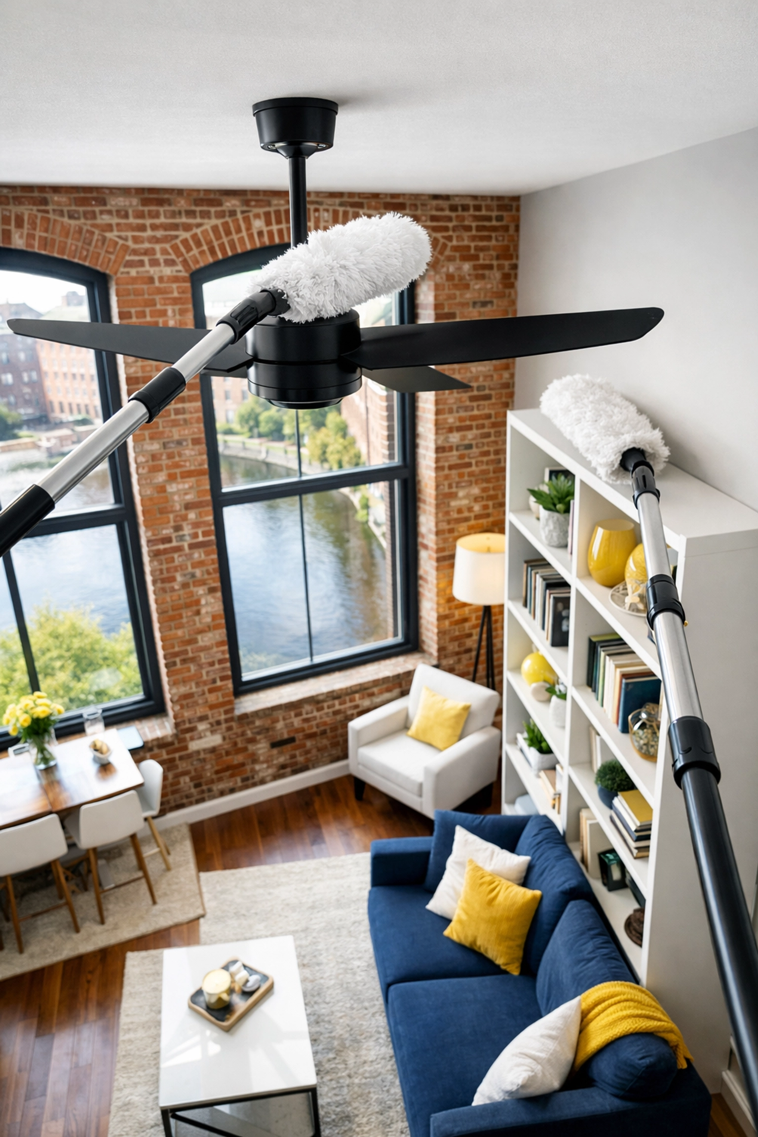 Professional top-to-bottom deep cleaning Lowell loft with a high-reach duster cleaning a ceiling fan.