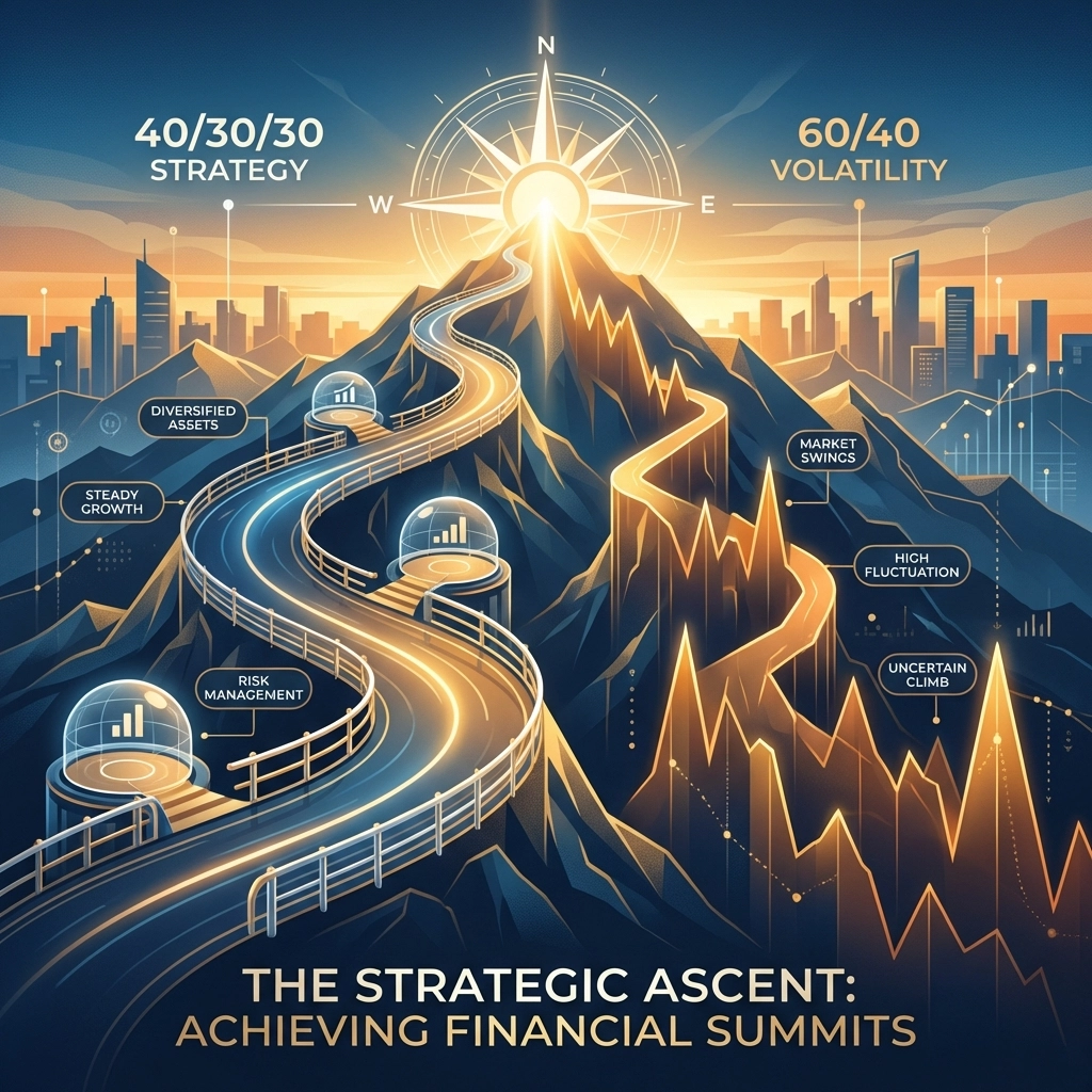 Two upward mountain paths compare 40/30/30 and 60/40 strategies for diversified portfolio growth.