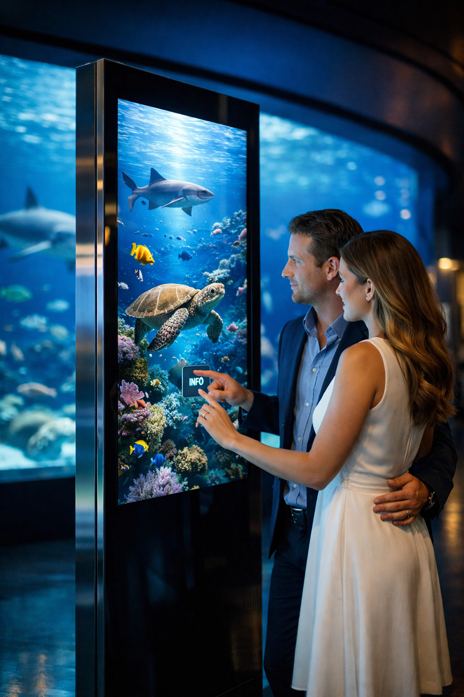 Interactive digital kiosk inside a modern aquarium showing visitor engagement with zoo media sponsorships.
