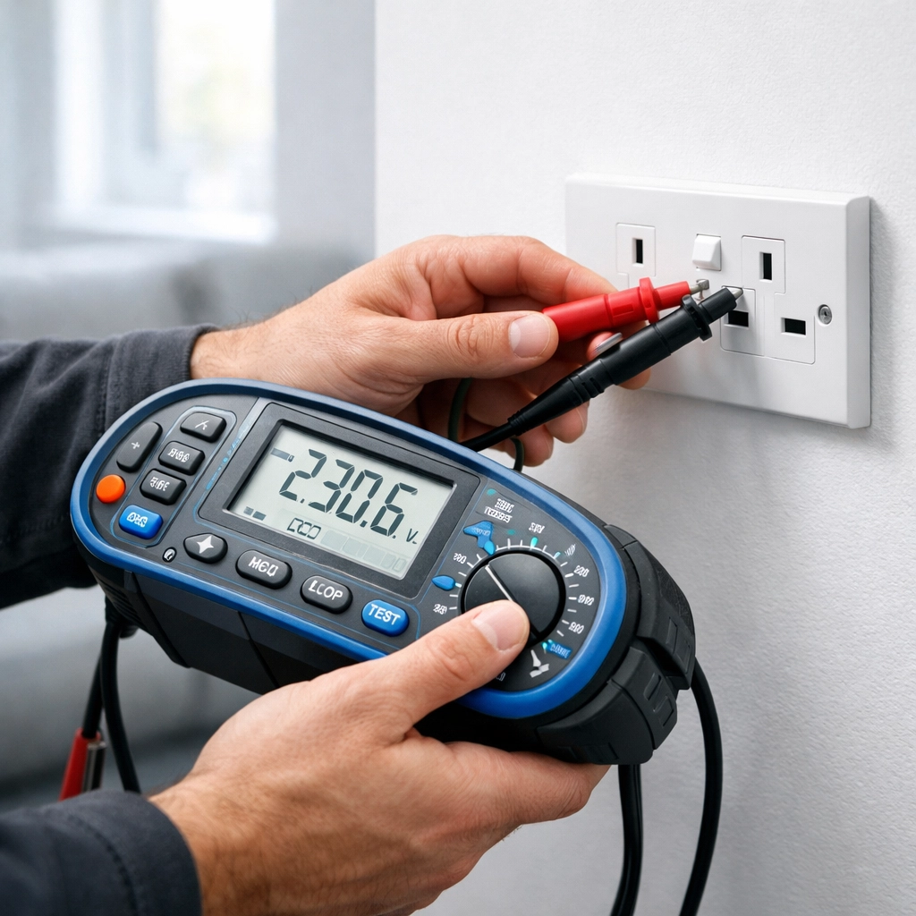 Professional electrician performing an EICR safety inspection on a socket in a Dorset home.