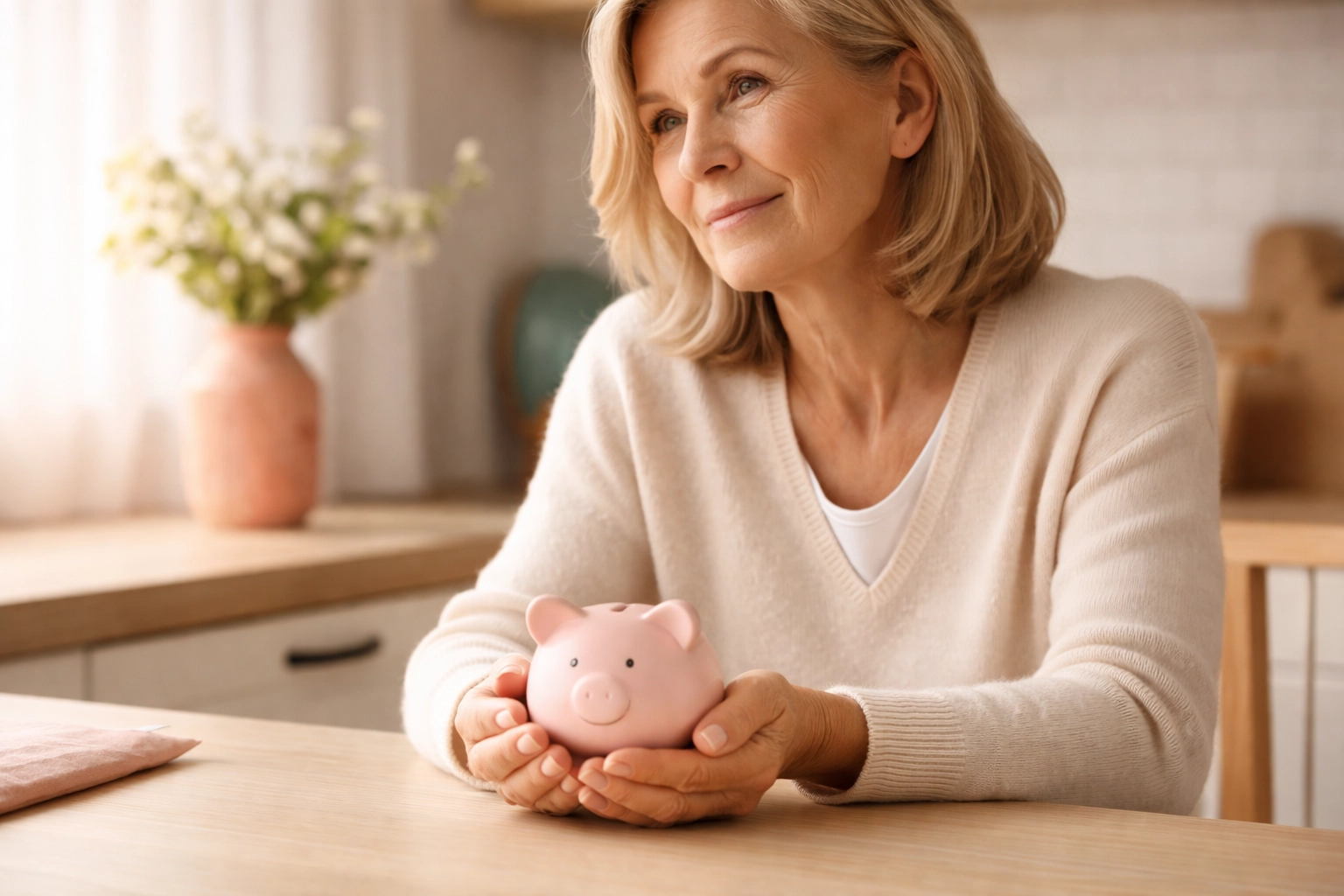 Older woman holding a piggy bank at her kitchen table, representing final expense planning Older woman holding a piggy bank at her kitchen table, representing final expense planning
