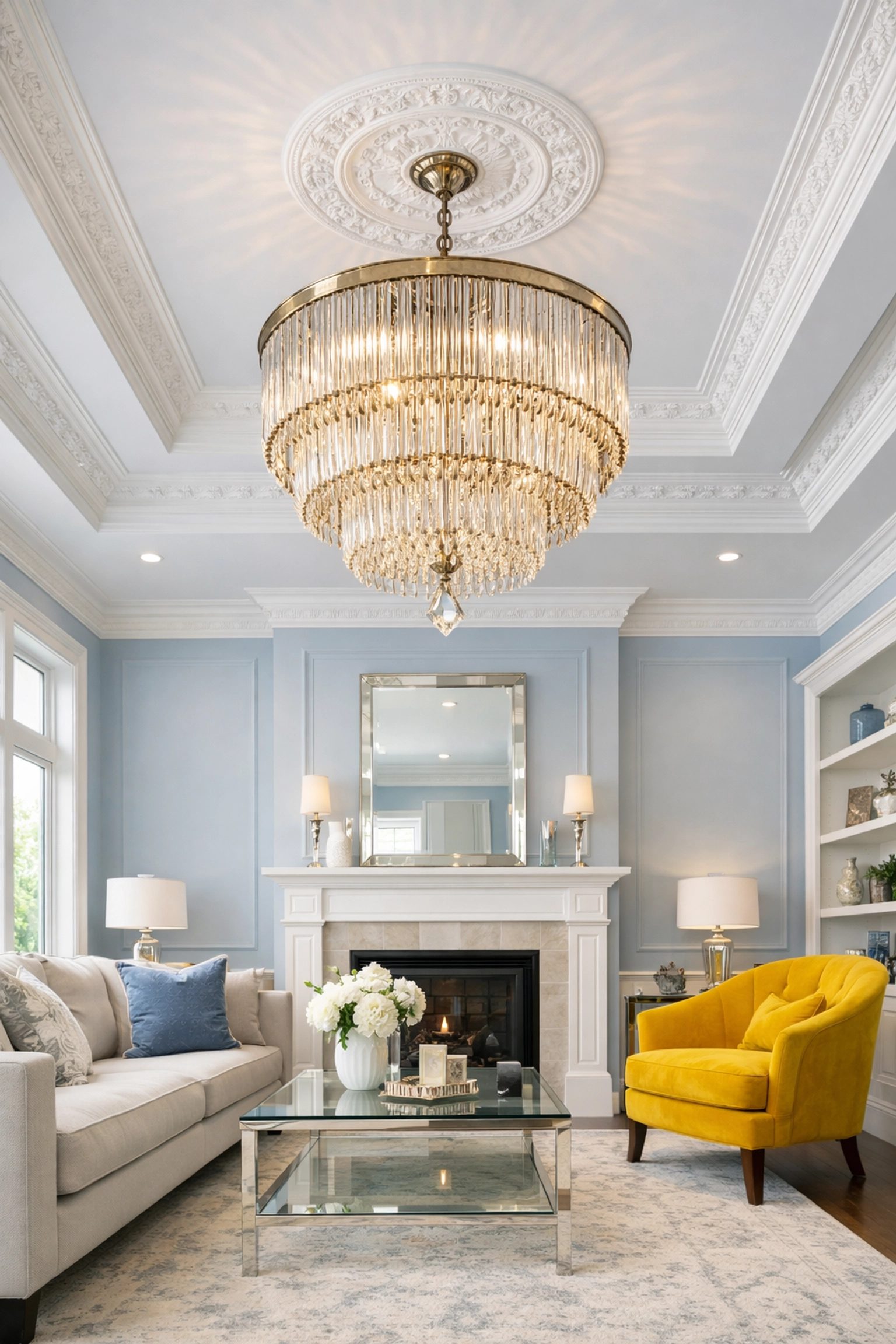Spotless high-end Sudbury living room showing top-to-bottom deep cleaning excellence on crown moldings and fixtures.