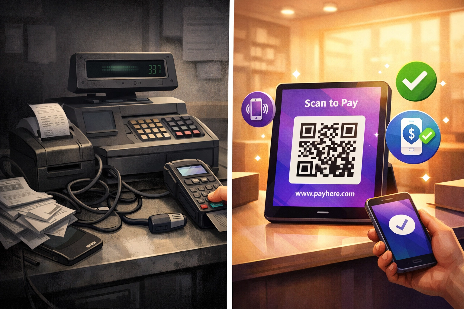 Comparison of traditional POS terminal versus modern QR code crypto payment system for merchants