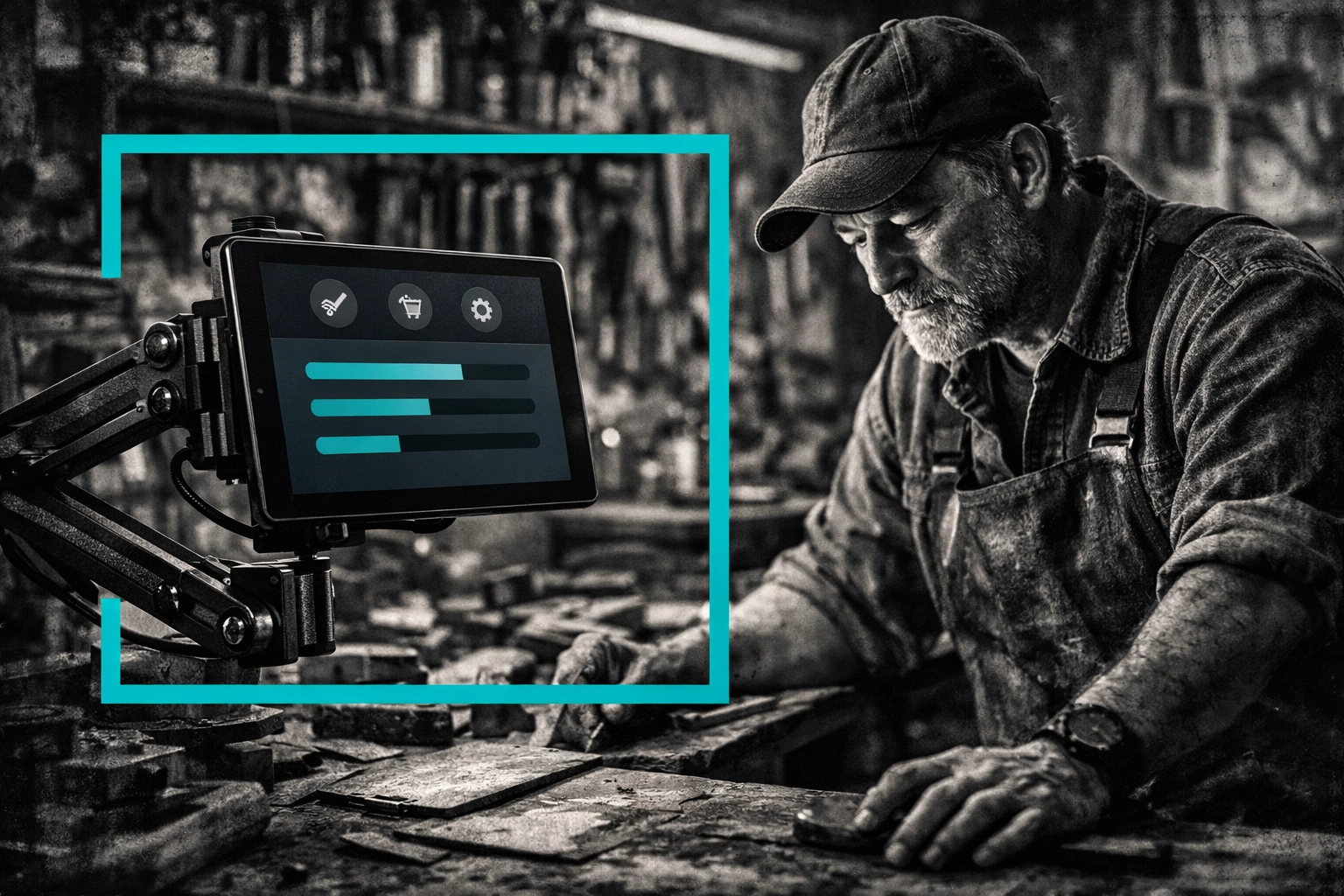 Trades business owner using a tablet lead management dashboard to track speed-to-lead in a workshop.